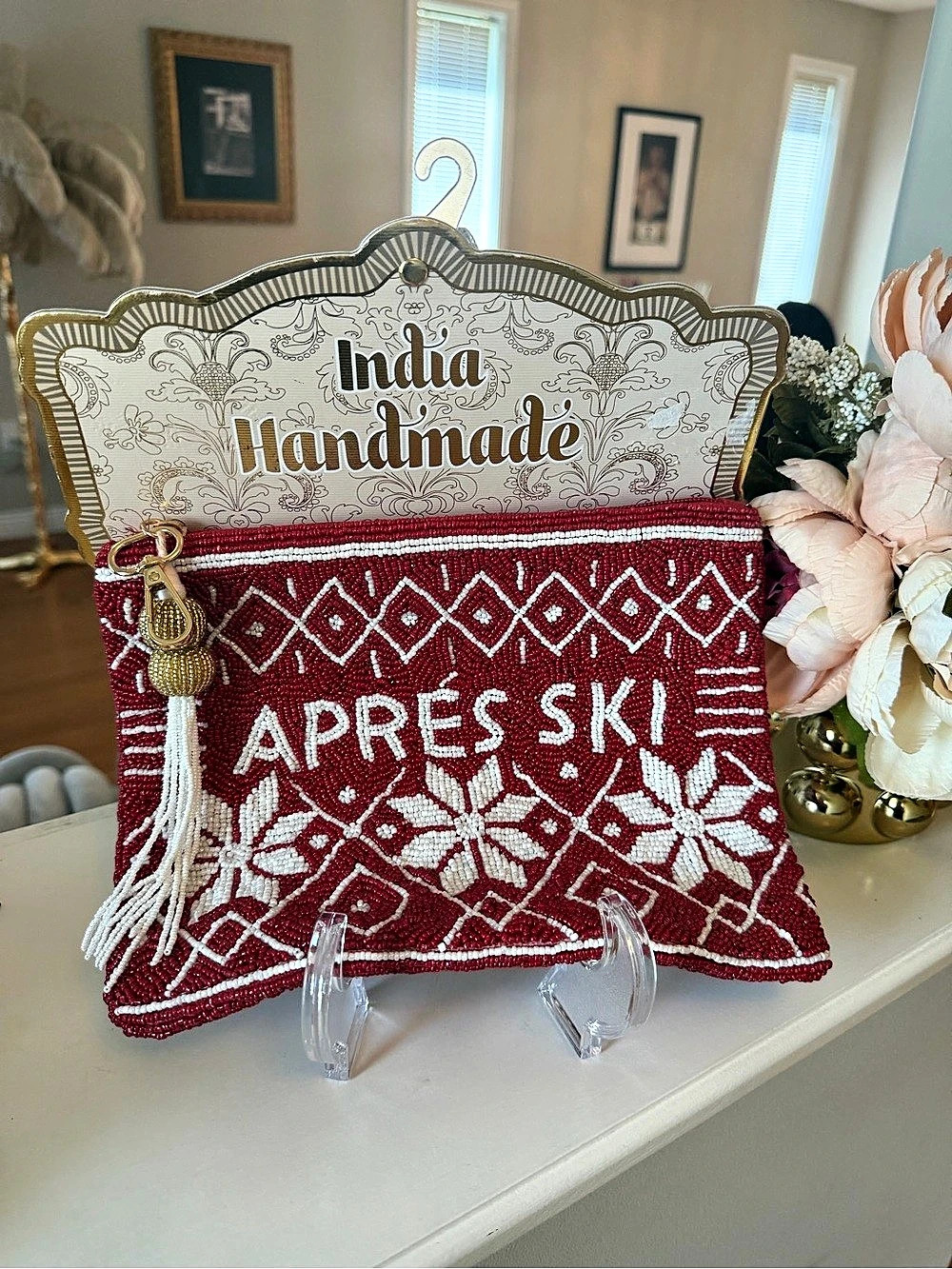 India Handmade Apres Ski Beaded Pouch Red & White Beaded Après Ski Clutch NWT